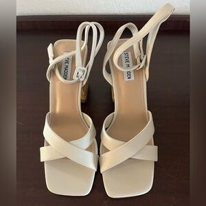 Steve Madden Renley Sandal, Bone, Leather Strappy Block Heel Sandals